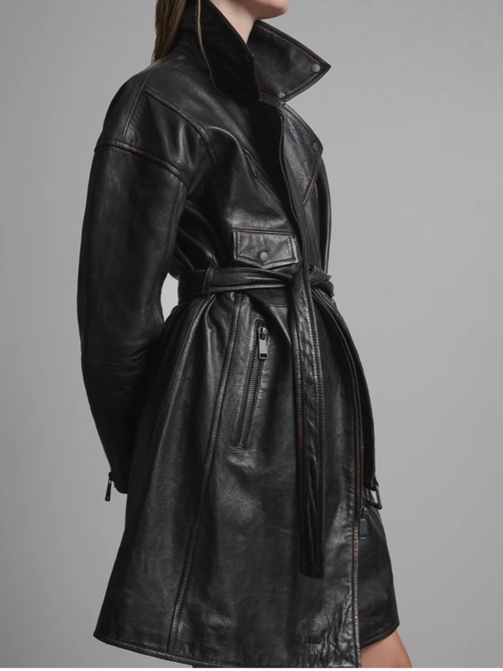 Wilsons Leather Black Belted moto Trench Coat